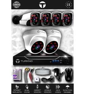 TURKNO 6 Kameralı Pania 2 İç Kamera Set HDD'siz Full HD Gece Görüşlü Güvenlik Kamerası Sistemi
