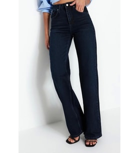 Stil Kadın Moda Denim Kot Pantolon Uzun Geniş Paça Gece Mavisi Yüksek Bel Jeans