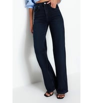 Stil Kadın Moda Denim Kot Pantolon Uzun Geniş Paça Gece Mavisi Yüksek Bel Jeans