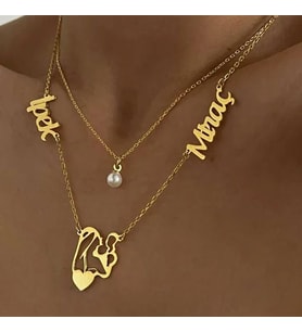 Kişiye Özel 925 Ayar Gümüş Tasarım Anne Bebek Silüet Çift İsim Kolye (Gold) Anneye Hediye