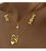 Kişiye Özel 925 Ayar Gümüş Tasarım Anne Bebek Silüet Çift İsim Kolye (Gold) Anneye Hediye