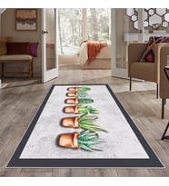 Gri Kaktüs Desen Yıkanabilir Kaymaz Taban Leke Tutmaz Modern Salon Halısı ve Yolluk (Yeşil)