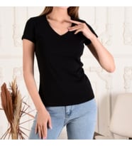 V Yaka Pamuklu T-shirt (Siyah)