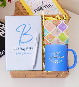 Kişiye Özel Renkli Defter , Mavi Kupa Bardak, Tükenmez Kalem & Hediye Seti
