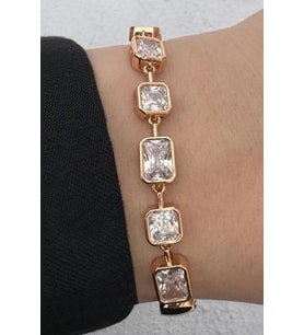 Kararmaz Renk Atmaz Xuping Rose Gold Kalp Detaylı Baget Taşlı Kadın Çelik Bileklik