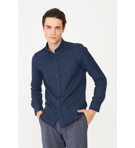 Lacivert Düğmeli Yaka Uzun Kollu Gömlek Slim Fit