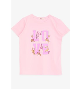 Breeze Kız Çocuk Tişört Simli Yazı Çiçek Baskılı 10-16 Yaş, Neon Pembe