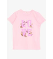 Breeze Kız Çocuk Tişört Simli Yazı Çiçek Baskılı 10-16 Yaş, Neon Pembe
