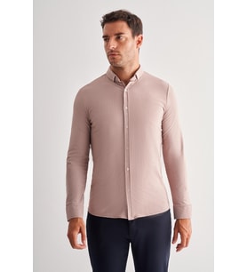 Koyu Kahverengi Smart Düğmeli Yaka Uzun Kol Cepsiz Slim Fit Casual Gömlek 1004255165