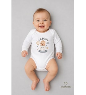 İlk Dişim Çıktı Baskılı Uzun Kol Bebek Body %100 Pamuk Unisex Diş Buğdayı Konsept Çıtçıtlı Zıbın