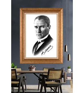 Altın Varaklı Çerçeveli Paspartulu Atatürk Tablo nh341 (Gold)