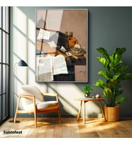 Gümüş Renk Metal Çerçeveli Tamperli Cam Tablo R.R.L.F. Keman ve Kitaplar Vanitas Karanlık Ressam Tablosu Dekoru
