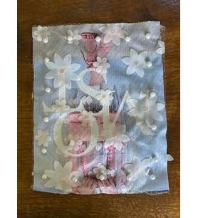 26X20 CM İNCİ BONCUKLU TÜL ÇİÇEKLİ KABARTMA APLİKE ARMA YAMA DİKİŞ HOBİ