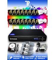 PICAM 16 Kameralı Kare 16 Dış Kamera Set 1 TB HDD Full HD Renkli Gece Görüşlü Güvenlik Kamerası Sistemi
