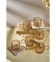 6lı Cam Fincan Seti - Boncuklu Kulp Çay Bardağı Takımı - 100 ML - Taş Desen (Amber)