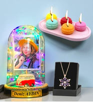 Kişiye Özel Renkli Led Işıklı Fanus, Makaron Mum ve Gerçek Ametist Taşlı Lotus Kolye (Model 2)