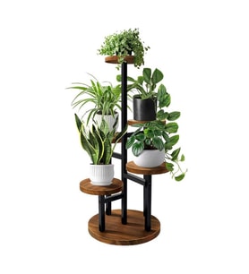 Çiçeklik 5 Raflı Saksılık Dekoratif 5 Raflı Çiçeklik Metal Doğal Ahşap Saksılık Çiçek Rafı Daire Model