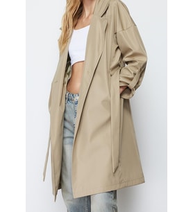 Tasarım Düz Astarlı Yaka Midi Oversize Ceket Kadın Oversize Kuşaklı Su İtici Uzun Trençkot