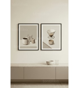 Modern Kahve Temalı Minimalist Çizimler 2’li Ahşap Çerçeveli Tablo Seti