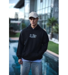 Üç İplik Penye Kapşonlu Baskılı SweatShirt - Siyah
