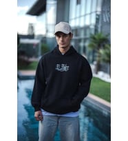 Üç İplik Penye Kapşonlu Baskılı SweatShirt - Siyah