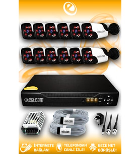 ELITCAM 12 Kameralı Panda 12 Dış Kamera Set HDD'siz Full HD Gece Görüşlü Güvenlik Kamerası Sistemi