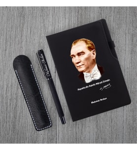 Kişiye Özel Atatürk Silüet UV Baskılı Siyah Defter & Siyah Roller Kalem