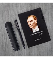 Kişiye Özel Atatürk Silüet UV Baskılı Siyah Defter & Siyah Roller Kalem