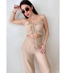 Kadın Keten Kumaş Gipeli Crop ve Pantolon İkili Takım (Renkli) (Bej)