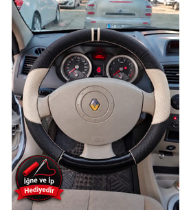 Renault Megane 2 Dikme Direksiyon Kılıfı Delikli Deri Parlak Siyah Bej Detay Çift Yüzük ve Dikiş 2002-2010