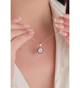 11 mm Gümüş Rose Kaplama Mavi Lacivert Nazar Boncuklu Boncuğu Göz Kolye (Rose - Lacivert)