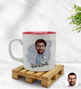 BK Gift Kişiye Özel Erkek Doktor Karikatürlü İçi Kırmızı Renkli Kupa Bardak Model 8