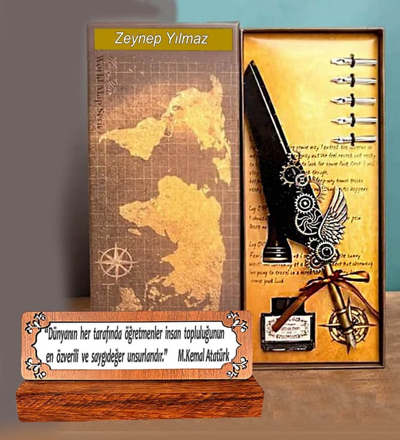 Öğretmenler Günü Hediye Kişiye Özel Kuş Tüyü Divit Kalem Seti & Masaüstü Sümen Notluk
