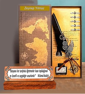 Öğretmenler Günü Hediye Kişiye Özel Kuş Tüyü Divit Kalem Seti & Masaüstü Sümen Notluk