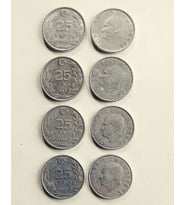 8  Adet 25 Lira 4 FarklI Tarih Ters Düz Eski Koleksiyon Madeni Para . Antika Para. Eski Para.