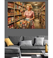 Markette Alışveriş Yapan Retro Kadın Dekoratif Kanvas - Mdf Ahşap Tablo