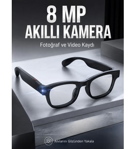 Mey İthalat® Siyah Bluetooth Akıllı Kamera Gözlüğü 8 MP Kameralı AI Çeviri Wi-Fi Fotoğraf Video Müzik Arama ve Dokunmatik Kontrollü