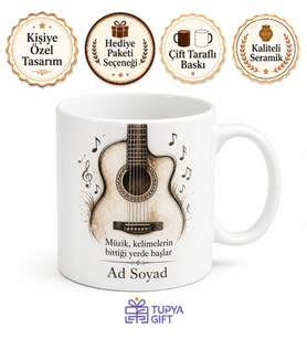 Gitar Telleri ve Akustik Kasa Çizimli Melodik Tınılarla Dinlenen Kupa Bardak Hediye