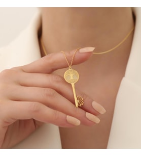 925 Ayar Gümüş Hayat Ağacı Lotus Anahtar Kolye (Altın)