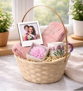 Kadınlara Özel Fotoğraflı Çerçeve,Mutfak Havlusu,Mum Ve El Yapımı Fincan Seti (Pembe)