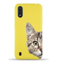 Samsung Galaxy M01 Uyumlu Lansman Kılıf Catface Tasarımlı İçi Kadife Kapak-Sarı (Şeffaf)