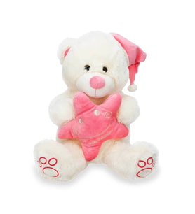 Oturan Şapkalı ve Yastıklı Pelüş Ayı 38 cm Beyaz (Pembe)