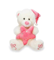Oturan Şapkalı ve Yastıklı Pelüş Ayı 38 cm Beyaz (Pembe)