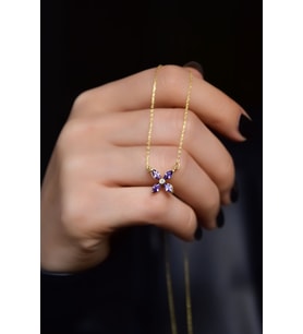 Papatya Silver 925 Ayar Gümüş Gold Kaplama Zirkon Taşlı Plumeria Kolye (Mor)