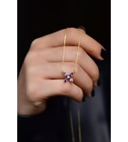 Papatya Silver 925 Ayar Gümüş Gold Kaplama Zirkon Taşlı Plumeria Kolye (Mor)