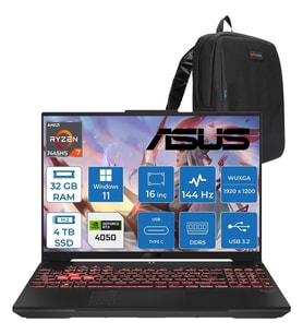 Asus Tuf Gaming A16 (FA607NUG-GAMING) Amd Ryzen™ 7 7445HS 32GB Ddr5 4tb SSD RTX4050/6GB 140W 16-Inch, Fhd+ 16:10 (1920 x 1200, Wuxga) 144Hz IPS WIN11PRO Taşınabilir Bilgisayar RL125P15+ZETTAÇANTA
