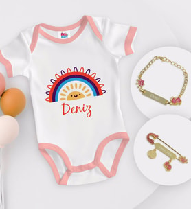 BK Kids Kişiye Özel İsimli Pembe Bebek Body Zıbın Kız Bebek Künyesi ve İğnesi Hediye Seti-1
