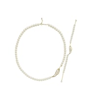 Yaprak Taşlı Doğal İnci Kolye Bileklik İkili Set (Sarı)