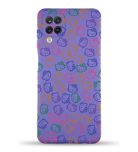 Samsung Galaxy A12 Uyumlu Lansman Kılıf Hello Kitty Tasarımlı İçi Kadife Kapak-Mor (Şeffaf)