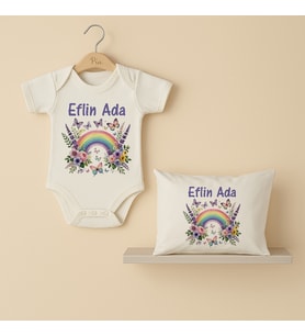 Pia Baby Premium %100 Pamuk İsme Özel Organik Baskılı Çıtçıtlı Bebek Body Ve Yastık Kılıfı 5045-19 (Ekru)